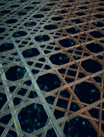 Composite rendering that transitions from a glassy sponge skeleton on the left to a welded rebar-based lattice on the right