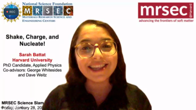 Sarah Battat presenting her NSF MRSEC Science Slam