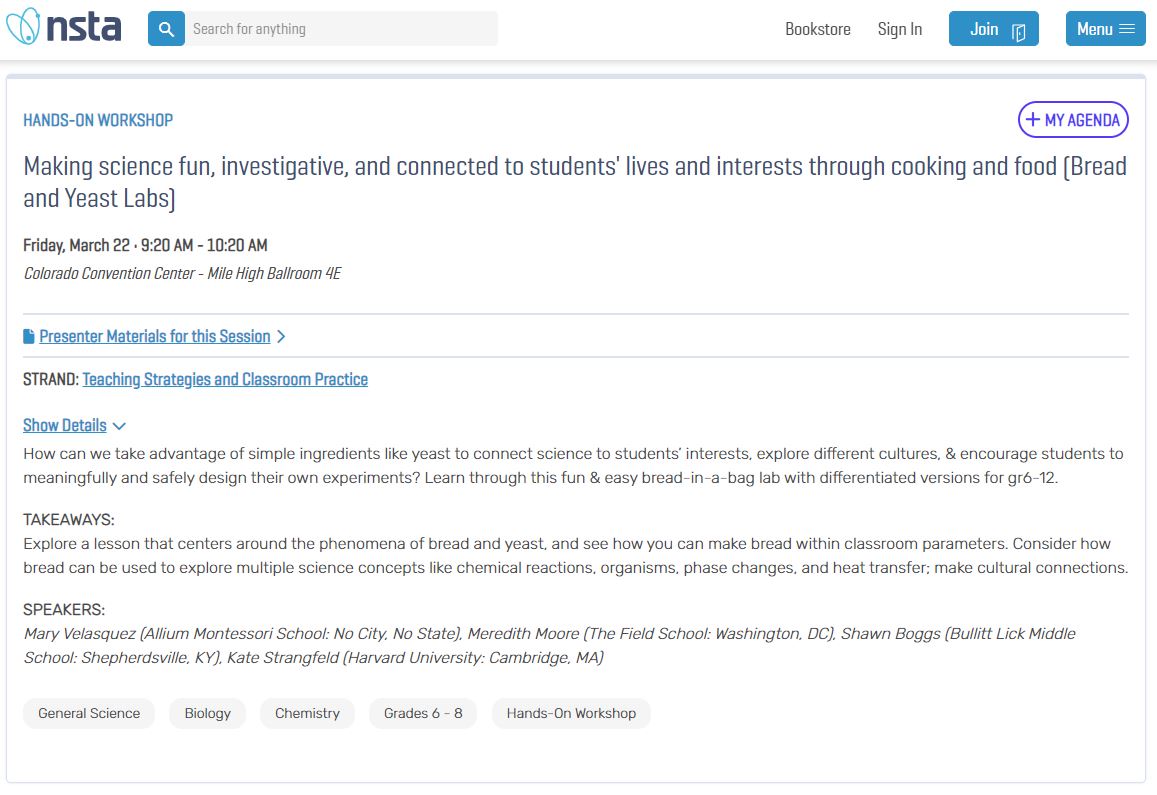Making science fun, investigative, and connected to students' lives and interests through cooking and food (Bread and Yeast Labs)
