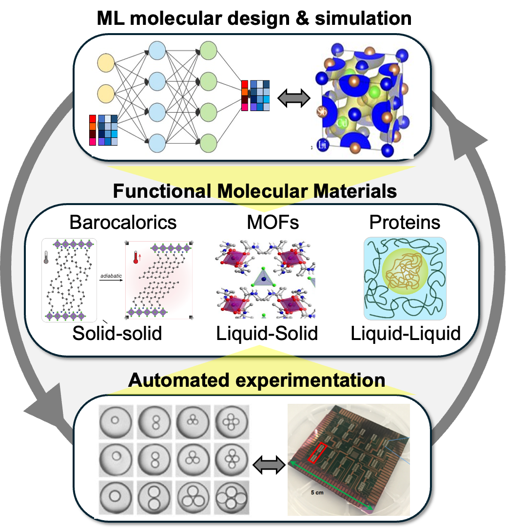 Three collaborative Interdisciplinary Research Groups: ML molecular design & simulation, functional molecular materials, and automated experimentation