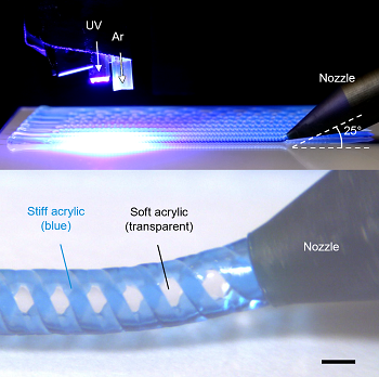 Rotational multi-material printing of 'springy' elastomer lattices